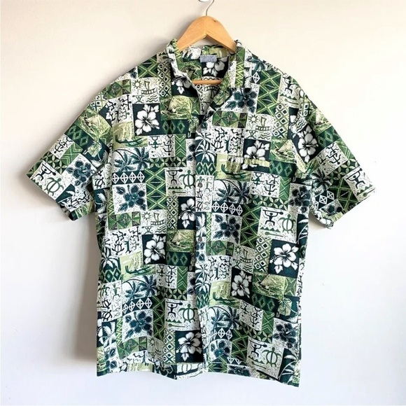 Royal Creations Hawaiian Shirt Sz L Hawaii Made Green Flower Palm Trees Pocket - Picture 1 of 8